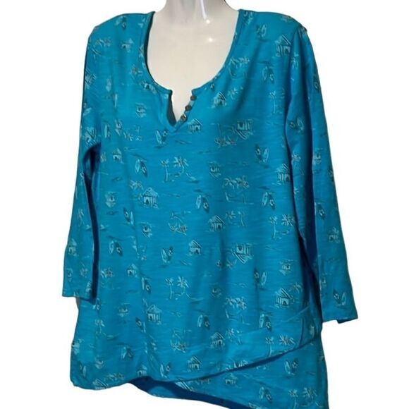 Fresh Produce women's boxy pullover Size Medium Hawaiian Print Split Neck Blue‎ - Picture 2 of 8